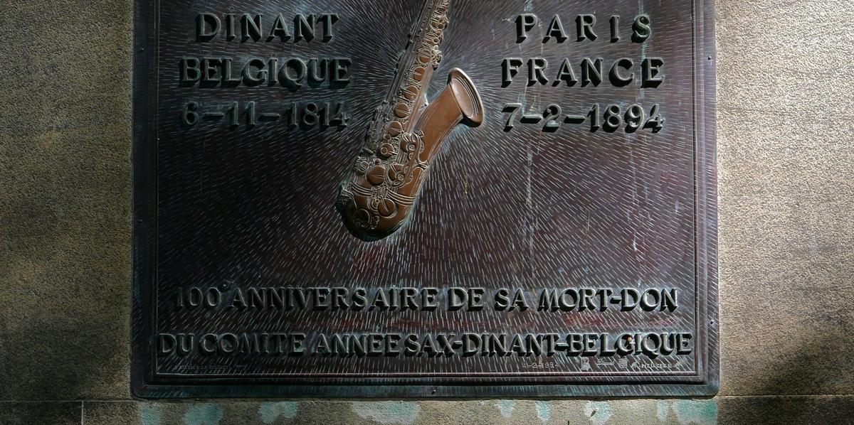 A plaque honoring Adolphe Sax who invented the saxophone